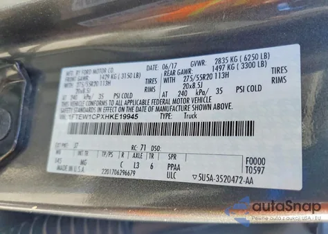 2017 Ford F150 Supercrew z USA, uszkodzony, nr VIN 1FTEW1CPXHKE19945